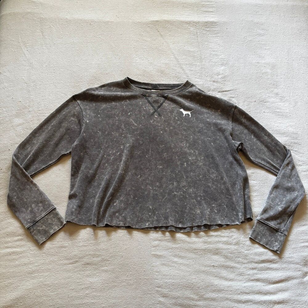 PINK by Victoria's Secret Grey Acid Wash Ribbed Long Sleeve Crop Top